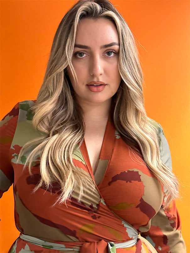 Plus Size Corporate camouflage lighter weight wrap dress.