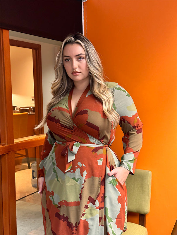 Plus Size Corporate camouflage lighter weight wrap dress.