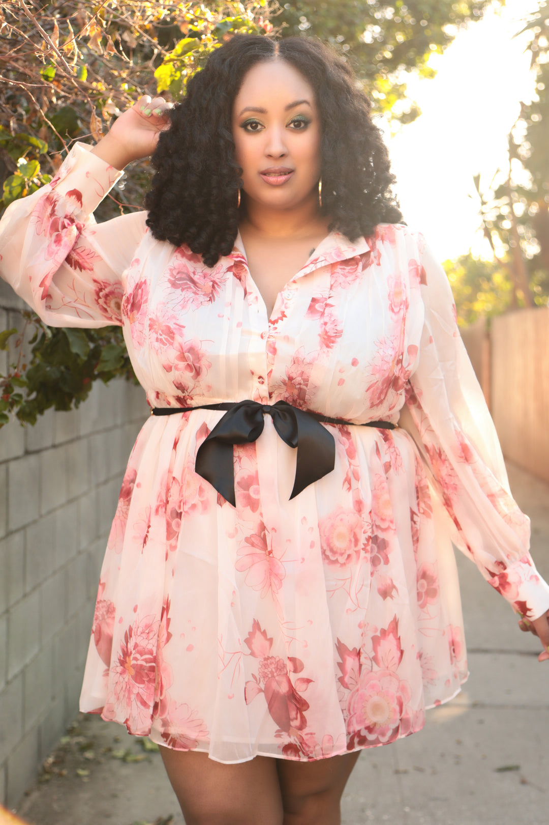 Long sleeve plus size dress midi length. Cream & berry color