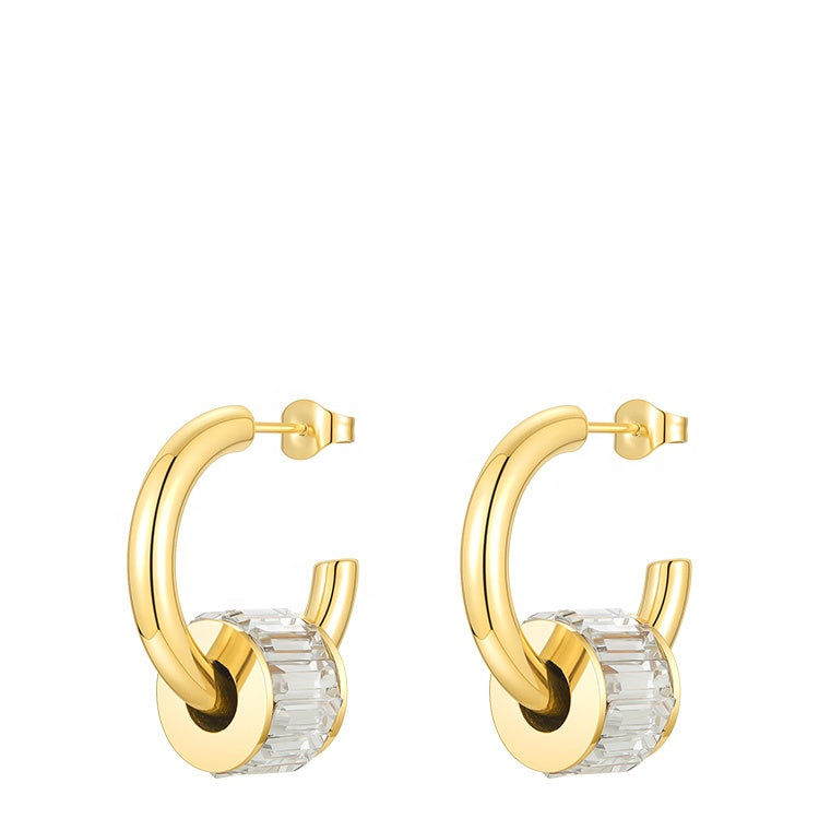 18K Gold Plated Stainless Steel C Shaped Diamond Baggette Earring