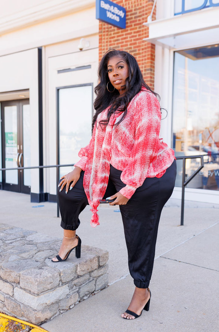 The Haute Carine Silk Chiffon High Low Top in a Red and White Print