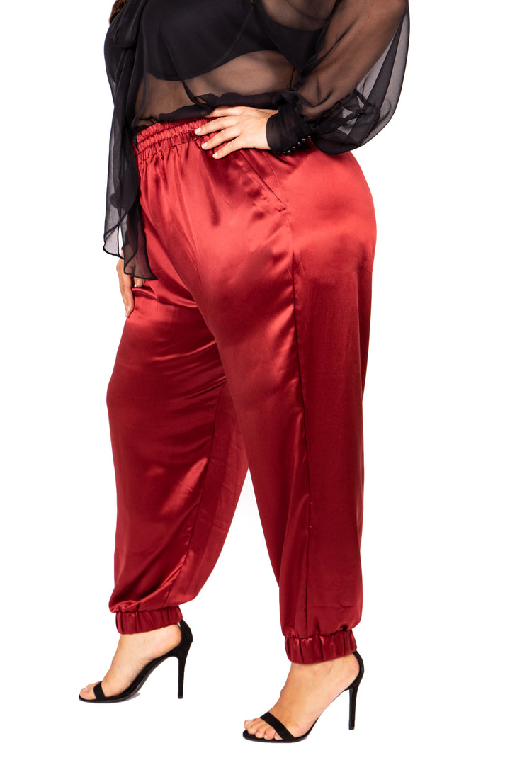The Wardrobe Hero Italian Silk Jogger Pant in Wine with High Waist