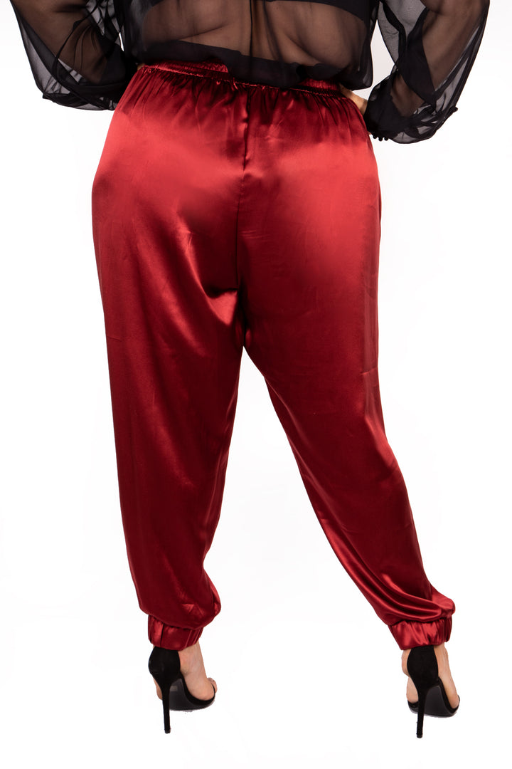 The Wardrobe Hero Italian Silk Jogger Pant in Wine with High Waist