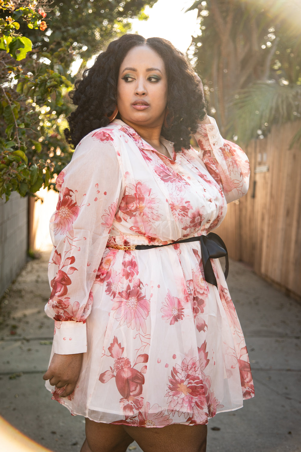 Belted cream and berry long sleeve mini dress