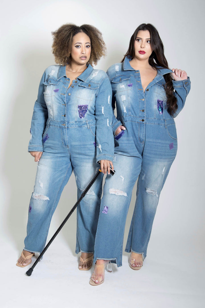 Mona's denim jumpsuit - plus size denim jumpsuit with sequins