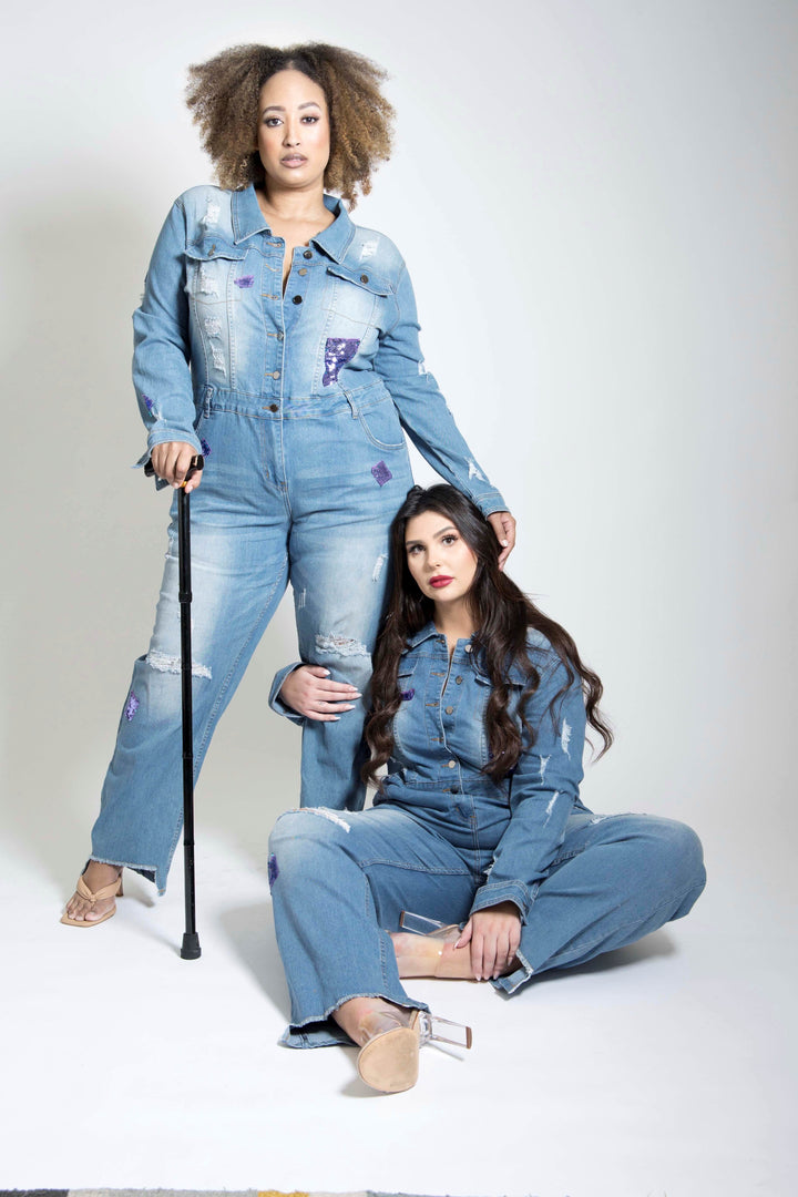 Mona's denim jumpsuit - plus size denim jumpsuit with sequins