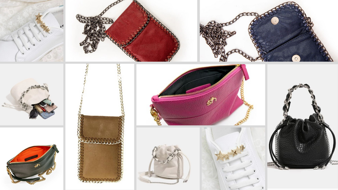 The image showcases trendy chain-strap bags, embellished sneakers, and colorful crossbody purses with stylish details like gold chains and star accents.