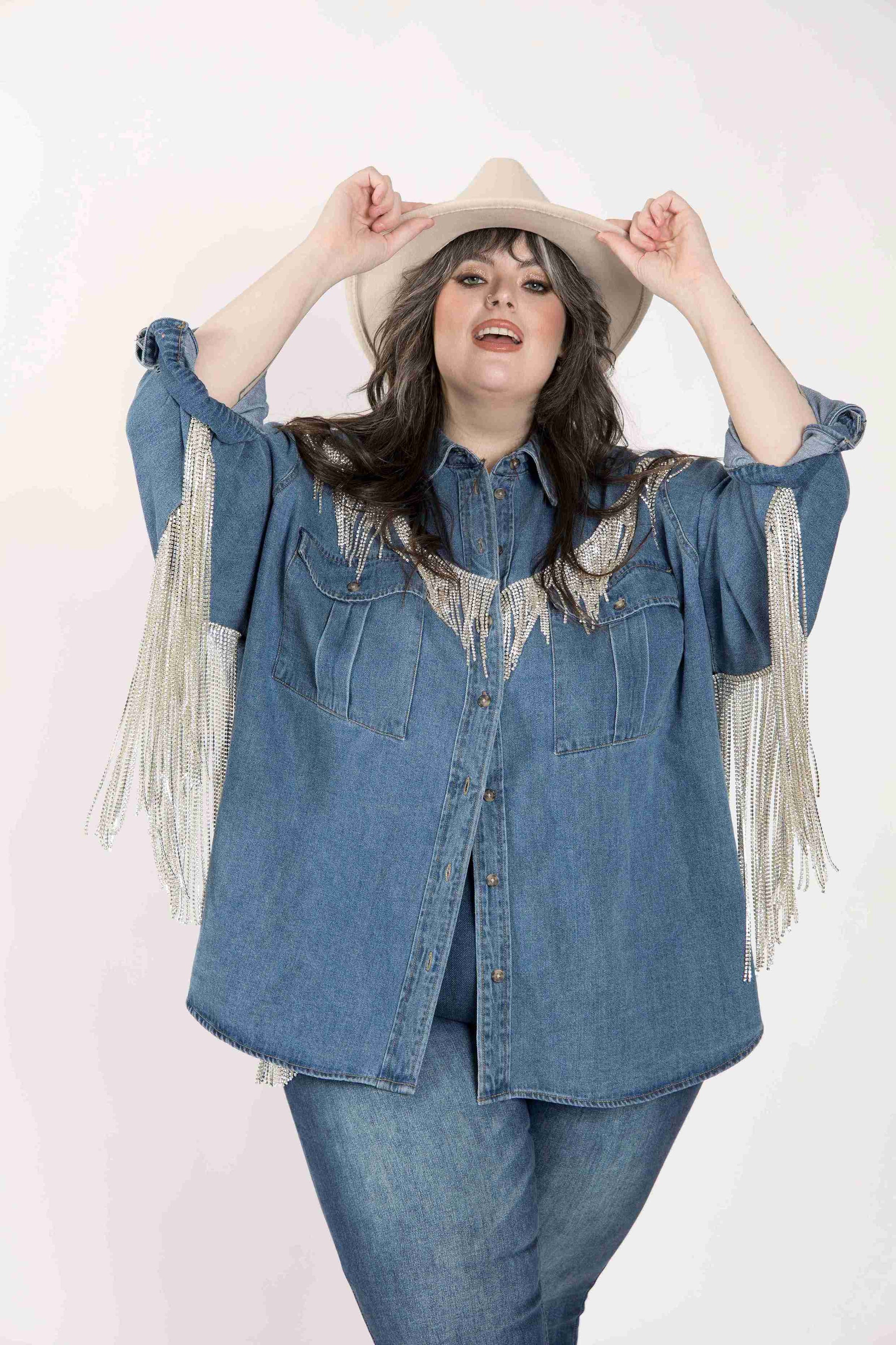 plus size chambray and rhinestone shirt