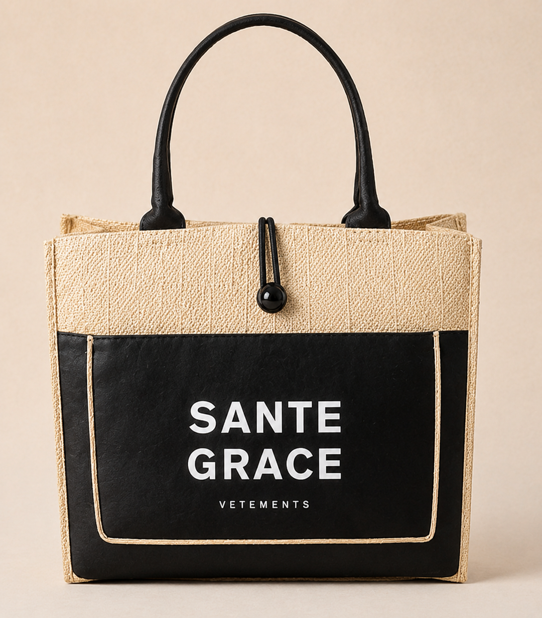 Tote bag with 'Sante Grace' branding on a beige background