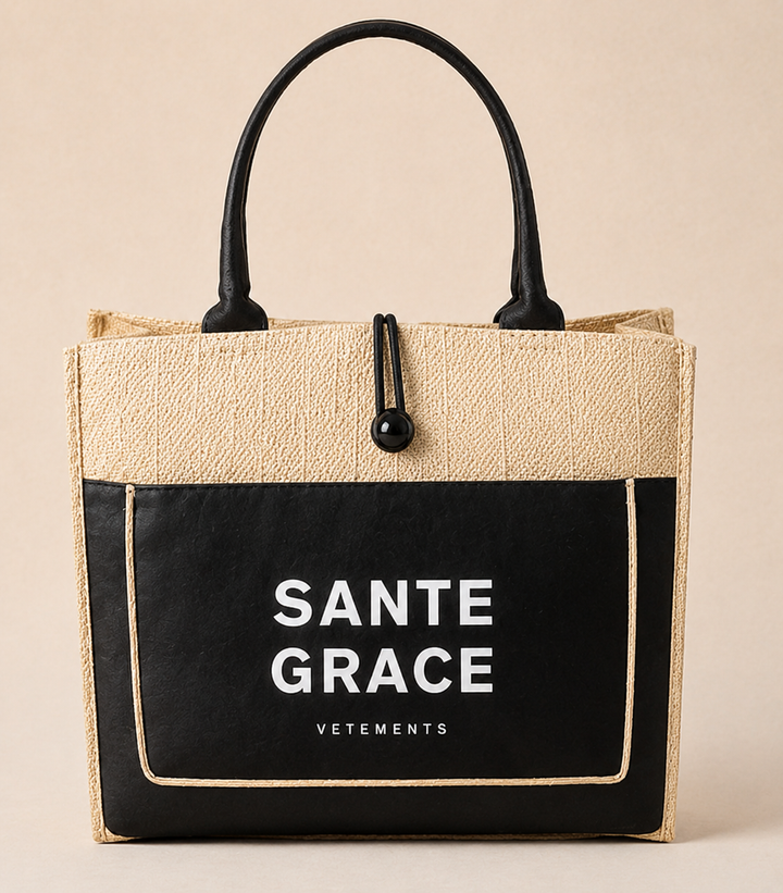 Tote bag with 'Sante Grace' branding on a beige background