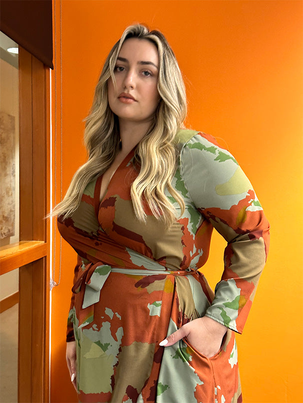 Corporate camouflage lighter weight plus size wrap dress.