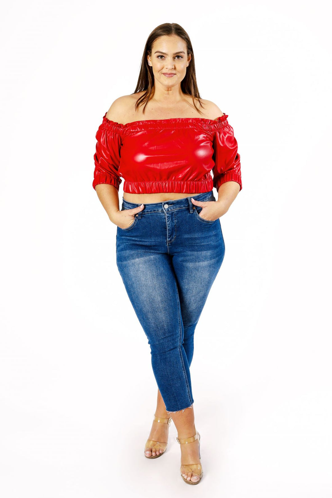 The Sandy Faux Leather Crop Top in Brick Red