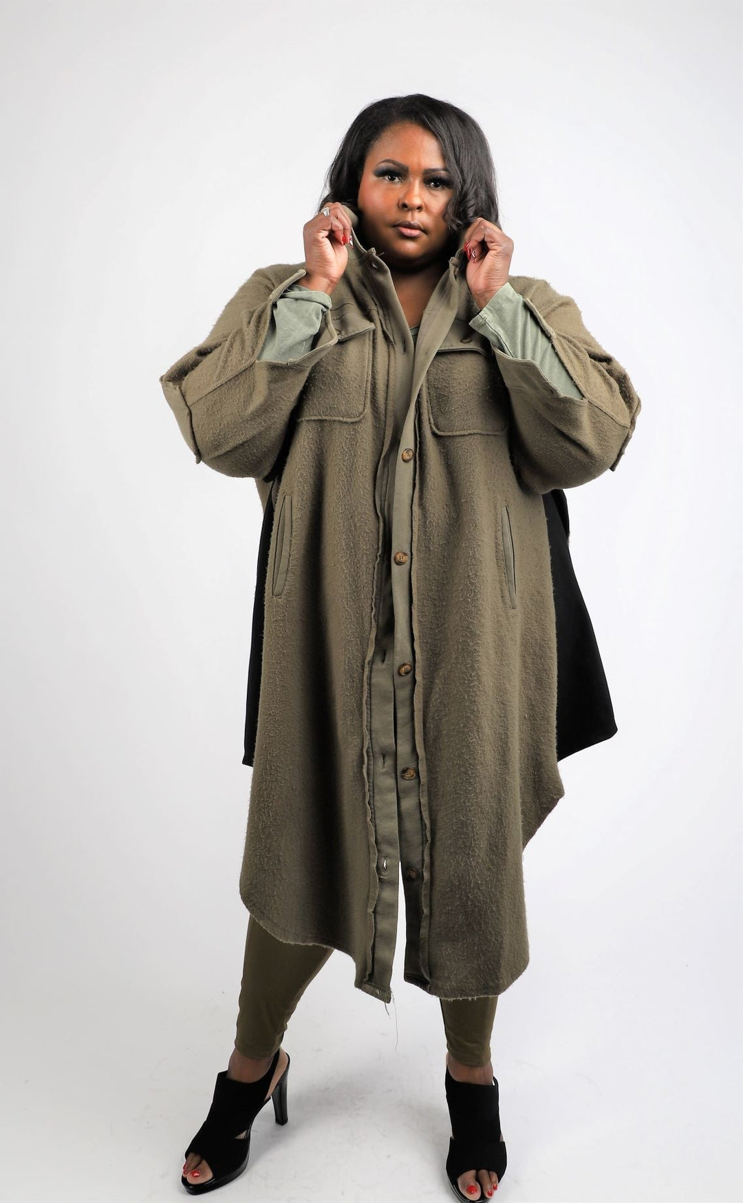Plus size oversize olive shacket with mineral wash t shirt and olive cotton leggings