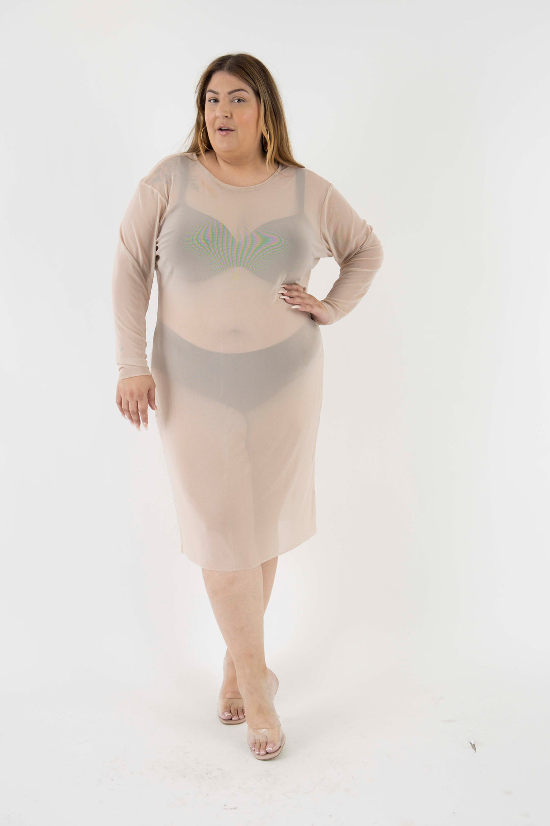 see through mesh dress plus size Plus Size Party Black See-Through Long Sleeve Bodycon Midi Dress
