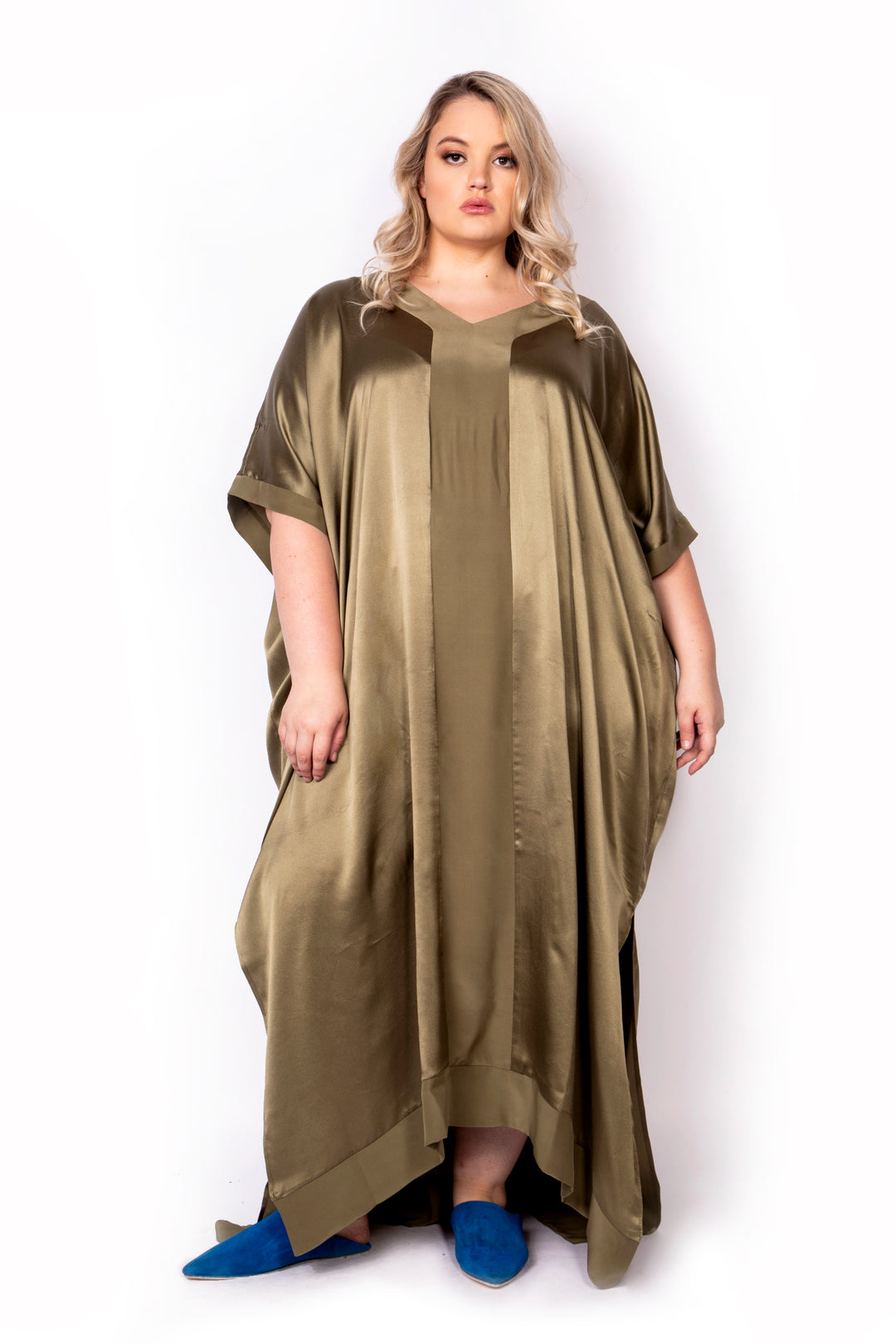 The Muse Italian Silk Caftan in Champagne with V neckline The Muse Italian Silk Caftan in Champagne with V neckline