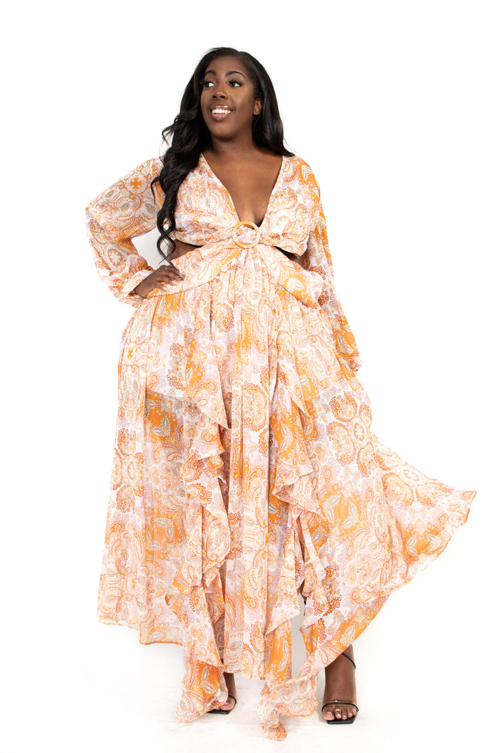 Pretty Nici in our paisley tangerine and cream maxi dress