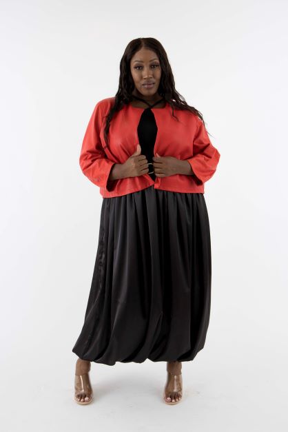 Collarless Barre Leather Jacket in Cherry Red