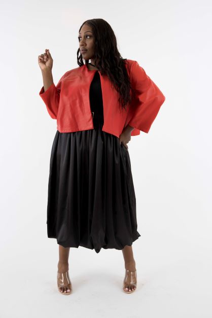 Collarless Barre Leather Jacket in Cherry Red