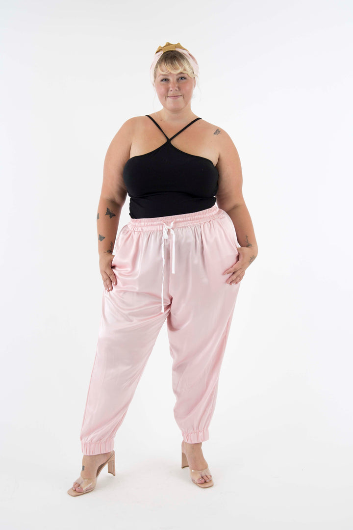The Wardrobe Hero Italian Silk Jogger Pant with High Waist - Pink