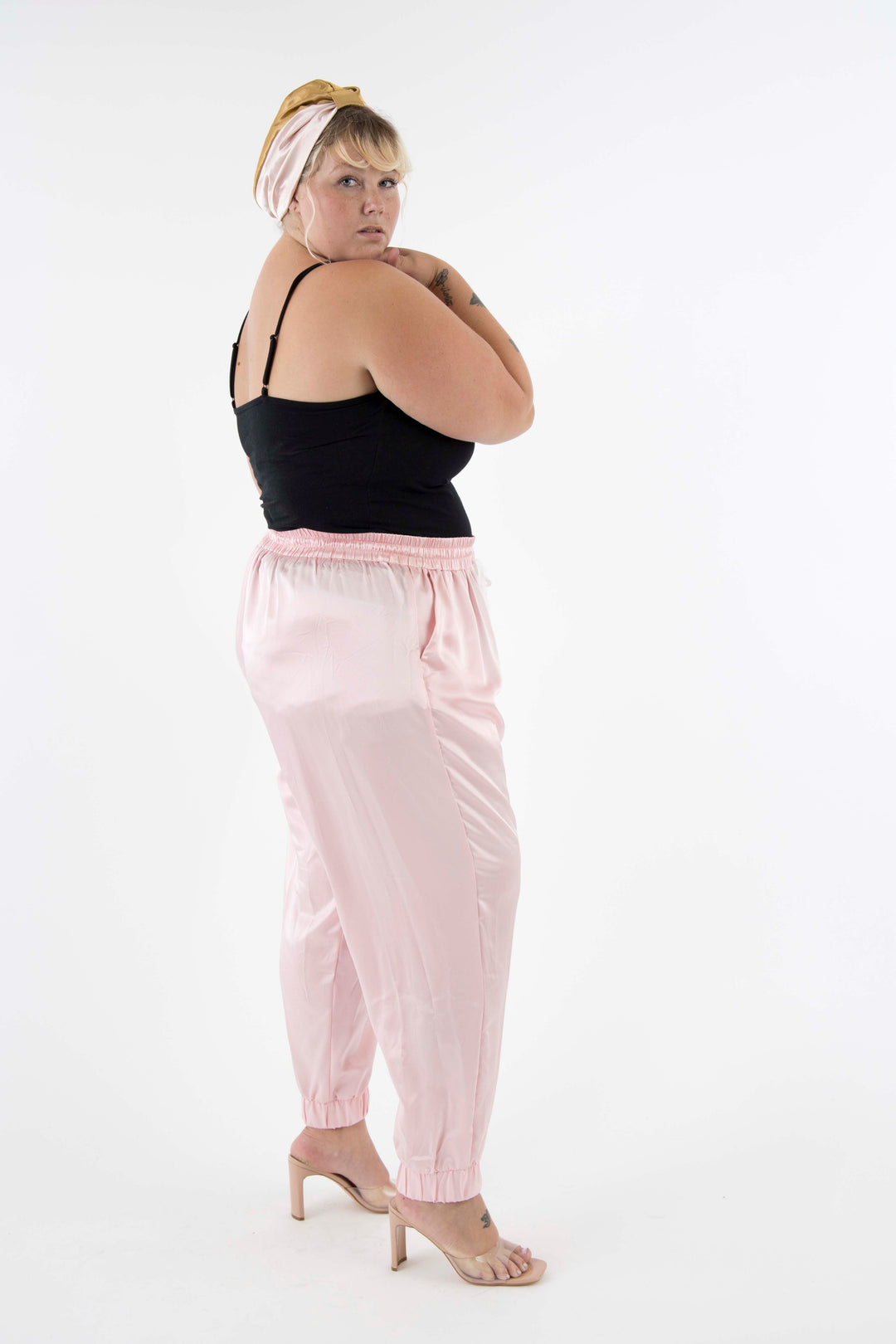The Wardrobe Hero Italian Silk Jogger Pant with High Waist - Pink